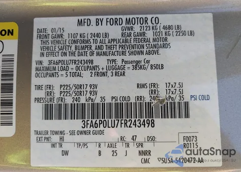 2015 Ford Fusion Hybrid Se из США, поврежденный, VIN 3FA6P0LU7FR243498